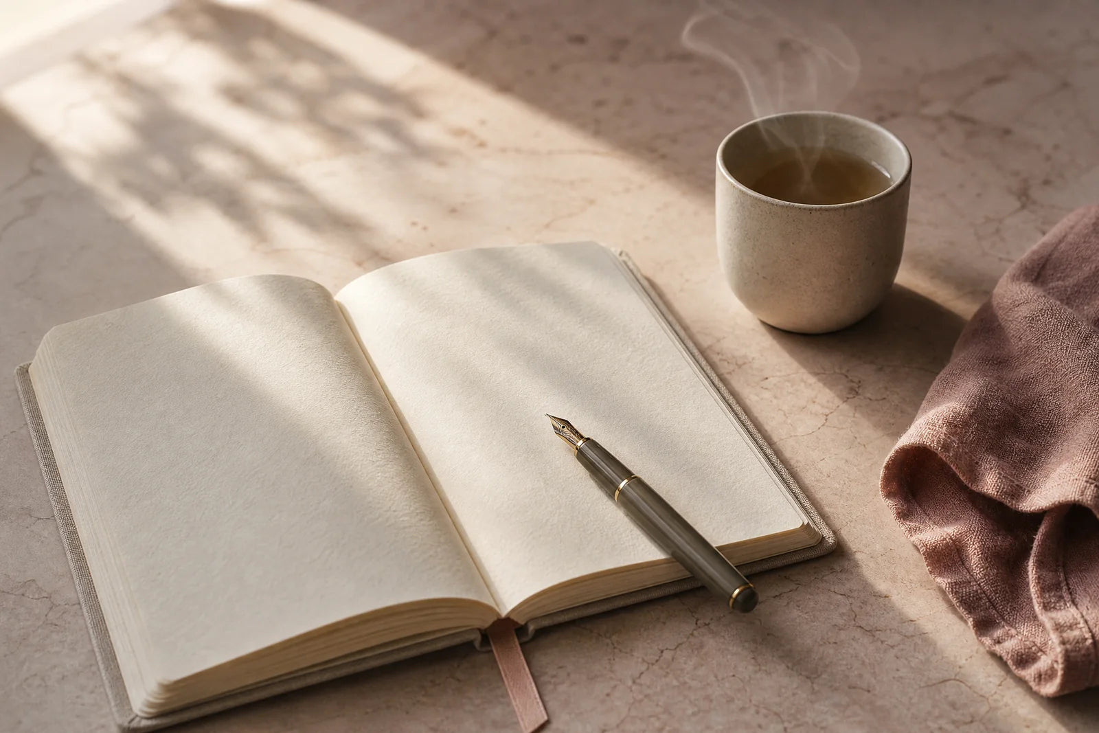 Aufgeschlagenes Notizbuch mit Füller im Morgenlicht